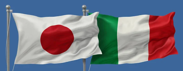Japan flag and Italy flags on a blue sky background, banner 3D Illustration