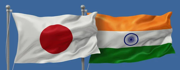 Japan flag and India flags on a blue sky background, banner 3D Illustration