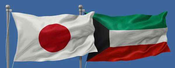 Japan flag and Kuwait flags on a blue sky background, banner 3D Illustration