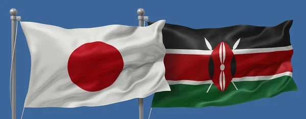 Japan flag and Kenya flags on a blue sky background, banner 3D Illustration