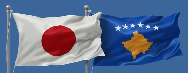 Japan flag and Kosovo flags on a blue sky background, banner 3D Illustration