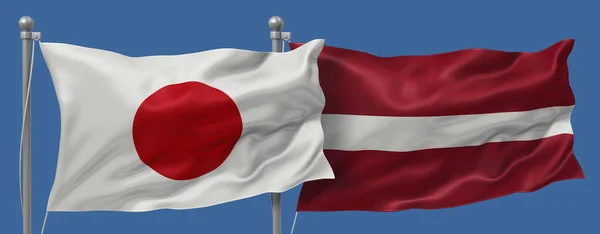 Japan flag and Latvia flags on a blue sky background, banner 3D Illustration