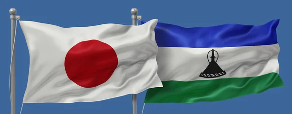 Japan flag and Lesotho flags on a blue sky background, banner 3D Illustration
