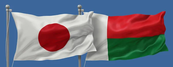 Japan flag and Madagascar flags on a blue sky background, banner 3D Illustration