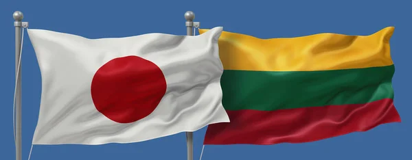 Japan flag and Lithuania flags on a blue sky background, banner 3D Illustration