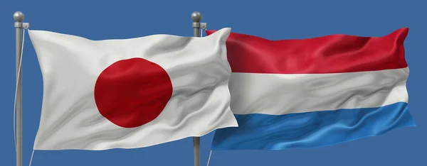 Japan flag and Luxembourg flags on a blue sky background, banner 3D Illustration
