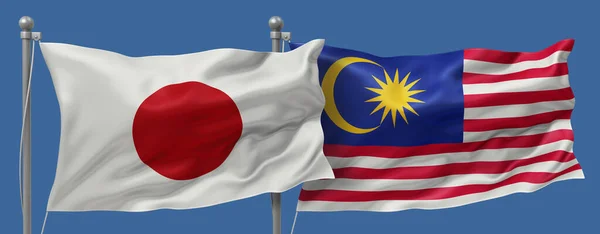 Japan flag and Malaysia flags on a blue sky background, banner 3D Illustration