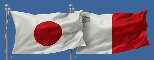 Japan flag and Malta flags on a blue sky background, banner 3D Illustration