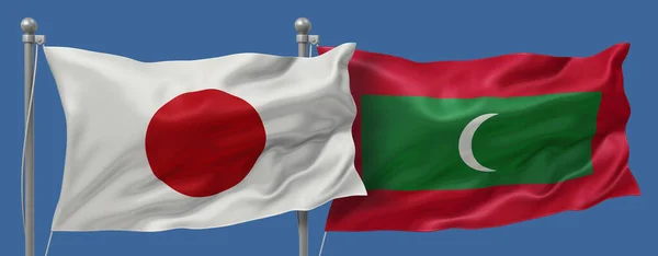 Japan flag and Maldives flags on a blue sky background, banner 3D Illustration