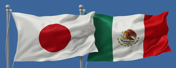 Japan flag and Mexico flags on a blue sky background, banner 3D Illustration