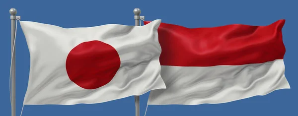 Japan flag and Monaco flags on a blue sky background, banner 3D Illustration