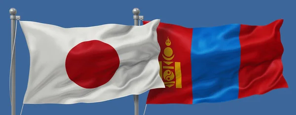 Japan flag and Mongolia flags on a blue sky background, banner 3D Illustration