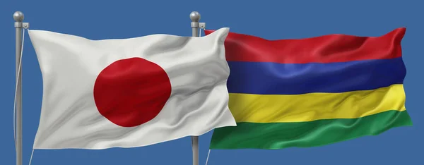 Japan flag and Mauritius flags on a blue sky background, banner 3D Illustration