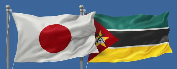 Japan flag and Mozambique flags on a blue sky background, banner 3D Illustration