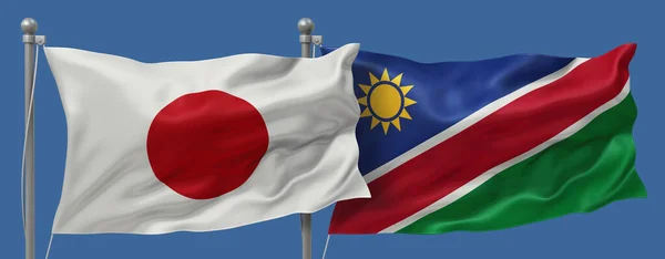 Japan flag and Namibia flags on a blue sky background, banner 3D Illustration