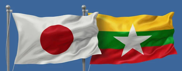 Japan flag and Myanmar-Burma flags on a blue sky background, banner 3D Illustration