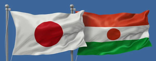 Japan flag and Niger flags on a blue sky background, banner 3D Illustration