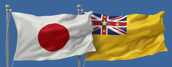 Japan flag and Niue flags on a blue sky background, banner 3D Illustration