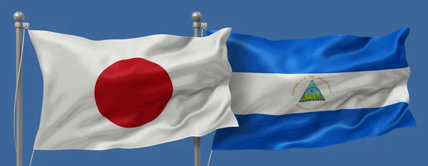 Japan flag and Nicaragua flags on a blue sky background, banner 3D Illustration