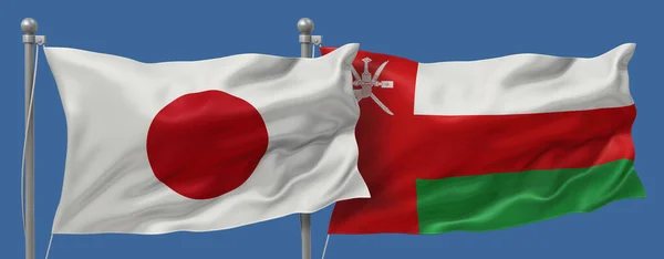 Japan flag and Oman flags on a blue sky background, banner 3D Illustration