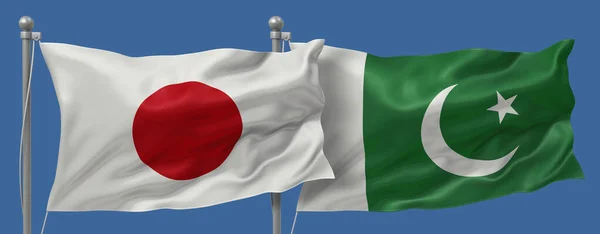 Japan flag and Pakistan flags on a blue sky background, banner 3D Illustration
