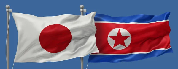 Japan flag and North Korea flags on a blue sky background, banner 3D Illustration