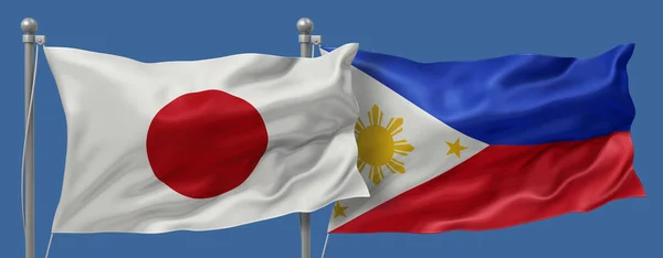 Japan flag and Philippines flags on a blue sky background, banner 3D Illustration