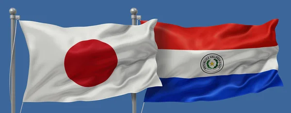 Japan flag and Paraguay flags on a blue sky background, banner 3D Illustration