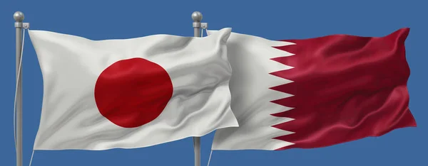 Japan flag and Qatar flags on a blue sky background, banner 3D Illustration