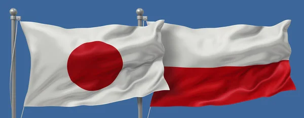 Japan flag and Poland flags on a blue sky background, banner 3D Illustration
