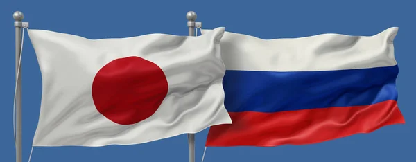 Japan flag and Russian flags on a blue sky background, banner 3D Illustration