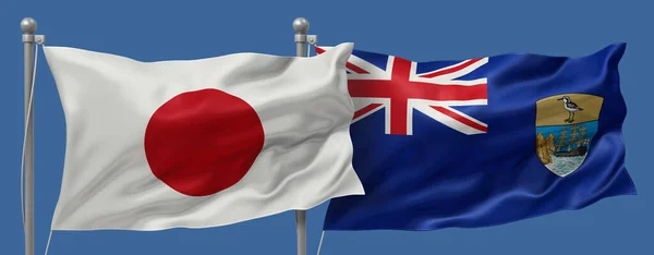 Japan flag and Saint Helena flags on a blue sky background, banner 3D Illustration