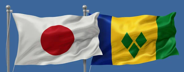 Japan flag and Saint Vincent flags on a blue sky background, banner 3D Illustration