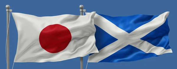Japan flag and Scotland flags on a blue sky background, banner 3D Illustration