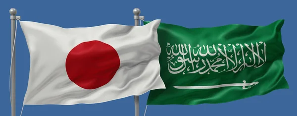 Japan flag and Saudi Arabia flags on a blue sky background, banner 3D Illustration
