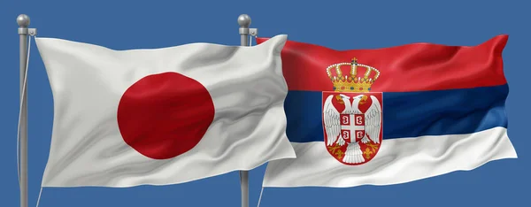 Japan flag and Serbia flags on a blue sky background, banner 3D Illustration