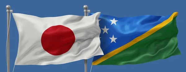 Japan flag and Solomon Islands flags on a blue sky background, banner 3D Illustration