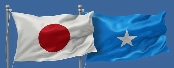 Japan flag and Somalia flags on a blue sky background, banner 3D Illustration