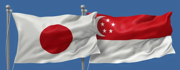 Japan flag and Singapore flags on a blue sky background, banner 3D Illustration