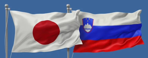 Japan flag and Slovenia flags on a blue sky background, banner 3D Illustration