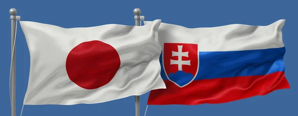Japan flag and Slovakia flags on a blue sky background, banner 3D Illustration