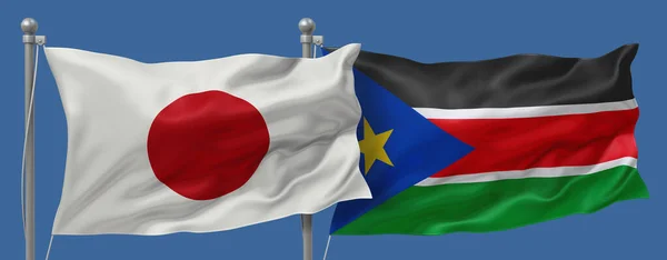 Japan flag and South Sudan flags on a blue sky background, banner 3D Illustration