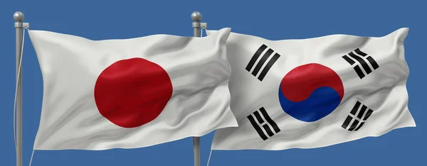 Japan flag and South Korea flags on a blue sky background, banner 3D Illustration