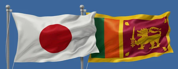 Japan flag and Sri Lanka flags on a blue sky background, banner 3D Illustration