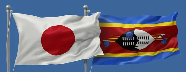 Japan flag and Swaziland flags on a blue sky background, banner 3D Illustration