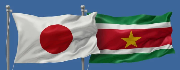 Japan flag and Suriname flags on a blue sky background, banner 3D Illustration