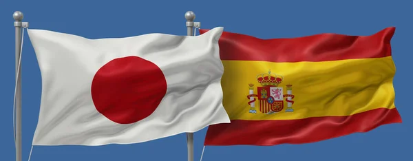 Japan flag and Spain flags on a blue sky background, banner 3D Illustration