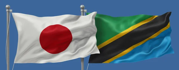Japan flag and Tanzania flags on a blue sky background, banner 3D Illustration