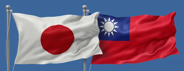 Japan flag and Taiwan flags on a blue sky background, banner 3D Illustration