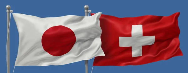 Japan flag and Switzerland flags on a blue sky background, banner 3D Illustration